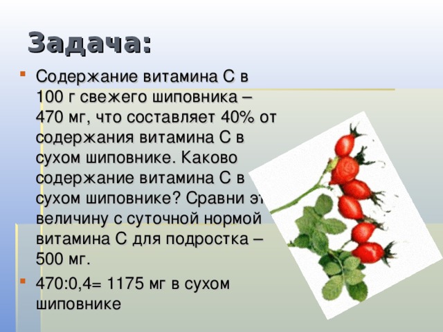 Задача: Содержание витамина С в 100 г свежего шиповника – 470 мг, что составляет 40% от содержания витамина С в сухом шиповнике. Каково содержание витамина С в сухом шиповнике? Сравни эту величину с суточной нормой витамина С для подростка – 500 мг. 470:0,4= 1175 мг в сухом шиповнике 