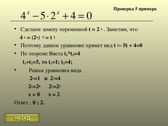 Проверка 5 примера Сделаем замену переменной t = 2  x . Заметим, что  4 х = (2 х ) 2 = t  2  Поэтому данное уравнение примет вид t 2 – 5t + 4=0 По теореме Виета t 1 *t 2 =4  t 1 +t 2 =5 , то t 1 =1 ; t 2 =4;  Решая уравнения вида  2 х =1 и 2 х =4  2 х =2 0  2 х =2 2  х = 0 х = 2 Ответ : 0 ; 2. 