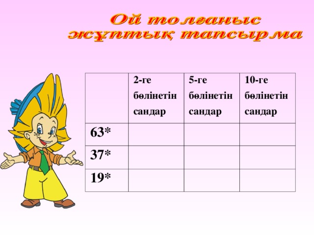   2-ге бөлінетін сандар 63*   5-ге бөлінетін сандар 37* 19* 10-ге бөлінетін сандар                 