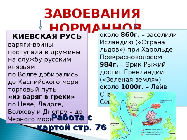 ЗАВОЕВАНИЯ НОРМАННОВ около 860г. – заселили Исландию («Страна льдов») при Харольде Прекрасноволосом 984г. – Эрик Рыжий достиг Гренландии («Зеленая земля») около 1000г. – Лейв Счастливый «открыл» Северную Америку КИЕВСКАЯ РУСЬ варяги-воины поступали в дружины на службу русским князьям по Волге добирались до Каспийского моря торговый путь «из варяг в греки» по Неве, Ладоге, Волхову и Днепру – до Черного моря Работа с картой стр. 76   