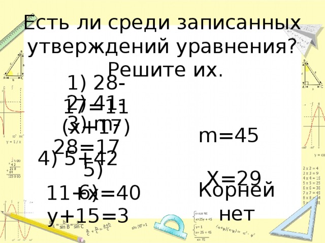 Есть ли среди записанных утверждений уравнения?  Решите их. 1) 28-17=11 2) 41-(х+17) 3) m -28=17 m = 45 4) 5+42 Х=29 5) 11+х=40 Корней нет 6) у+15=3 