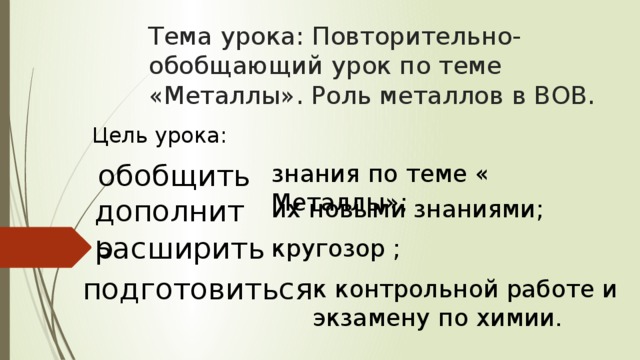 Тема урока: Повторительно-обобщающий урок по теме «Металлы». Роль металлов в ВОВ. Цель урока: обобщить знания по теме « Металлы»; дополнить их новыми знаниями; расширить кругозор ; подготовиться к контрольной работе и экзамену по химии. 