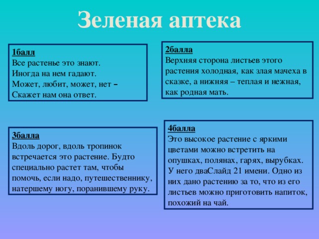 Зеленая аптека 2балла Верхняя сторона листьев этого растения холодная, как злая мачеха в сказке, а нижняя – теплая и нежная, как родная мать. 1балл Все растенье это знают. Иногда на нем гадают. Может, любит, может, нет – Скажет нам она ответ.  4балла Это высокое растение с яркими цветами можно встретить на опушках, полянах, гарях, вырубках. У него дваСлайд 21 имени. Одно из них дано растению за то, что из его листьев можно приготовить напиток, похожий на чай. 3балла Вдоль дорог, вдоль тропинок встречается это растение. Будто специально растет там, чтобы помочь, если надо, путешественнику, натершему ногу, поранившему руку.