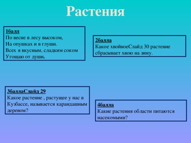 Растения 1балл  По весне в лесу высоком, На опушках и в глуши. Всех я вкусным, сладким соком Угощаю от души . 2балла Какое хвойноеСлайд 30 растение сбрасывает хвою на зиму.  3баллаСлайд 29 Какое растение , растущее у нас в Кузбассе, называется карандашным деревом? 4балла Какие растения области питаются насекомыми?