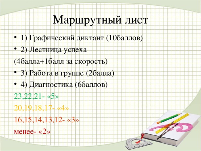 Маршрутный лист 1) Графический диктант (10баллов) 2) Лестница успеха (4балла+1балл за скорость) 3) Работа в группе (2балла) 4) Диагностика (6баллов) 23,22,21- «5» 20,19,18,17- «4» 16,15,14,13,12- «3» менее- «2»