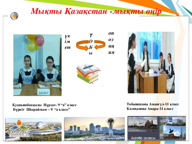 Мықты Қазақстан -мықты өңір опозиция үкімет Т О Б ы Тобаниязова Амангүл-11 класс Казиханова Анара-11 класс Қуанышбекқызы Нұрзат- 9 “в” класс  Бүркіт Шырайлым – 9 “а класс” 