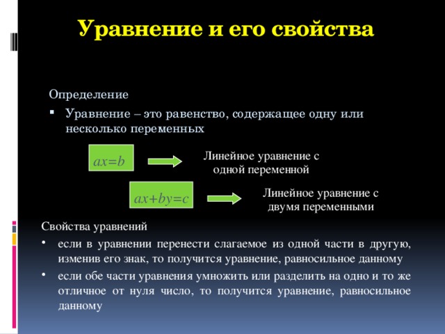 Уравнение и его свойства Определение Уравнение – это равенство, содержащее одну или несколько переменных Линейное уравнение с одной переменной ax=b Линейное уравнение с двумя переменными ax+by=c Свойства уравнений если в уравнении перенести слагаемое из одной части в другую, изменив его знак, то получится уравнение, равносильное данному если обе части уравнения умножить или разделить на одно и то же отличное от нуля число, то получится уравнение, равносильное данному 