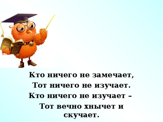 Кто ничего не замечает, Тот ничего не изучает. Кто ничего не изучает – Тот вечно хнычет и скучает.