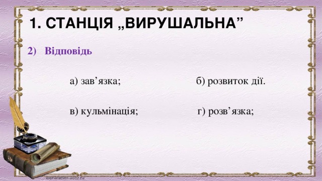 1. СТАНЦІЯ „ВИРУШАЛЬНА”              2) Відповідь                     а) зав’язка;                            б) розвиток дії.                     в) кульмінація;                      г) розв’язка;    