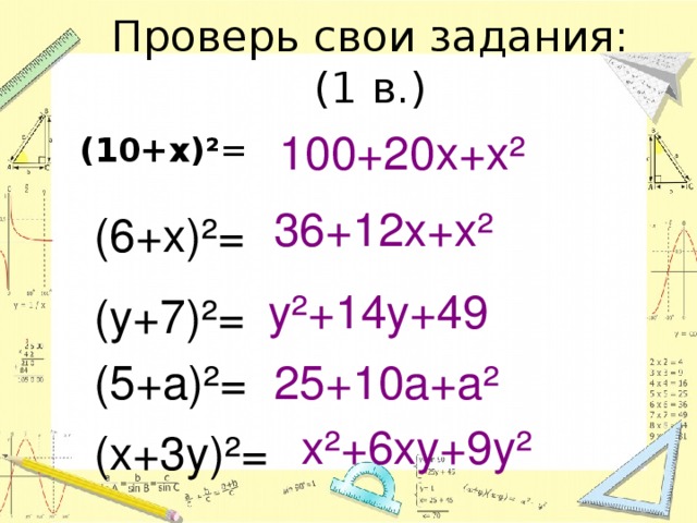 Проверь свои задания: (1 в.) 100+20х+х²  (10+х)² = 36+12х+х² (6+х)²= у²+14у+49 (у+7)²= (5+а)²= 25+10а+а² х²+6ху+9у² (х+3у)²= 