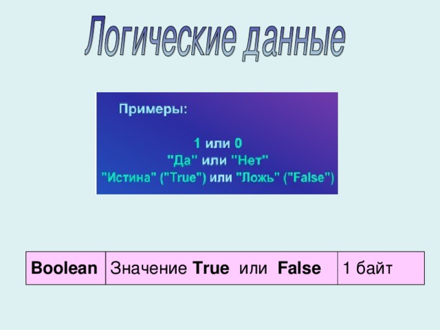 Boolean Значение True  или False 1 байт 