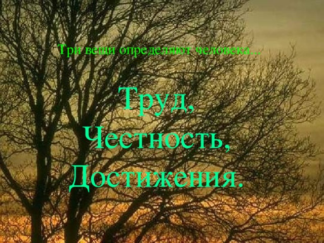 Три вещи определяют человека... Труд,  Честность,  Достижения. 