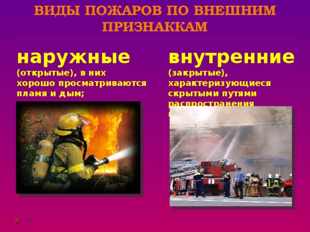 Виды пожаров по внешним признаккам наружные  внутренние (открытые), в них хорошо просматриваются пламя и дым; (закрытые), характеризующиеся скрытыми путями распространения пламени  . 