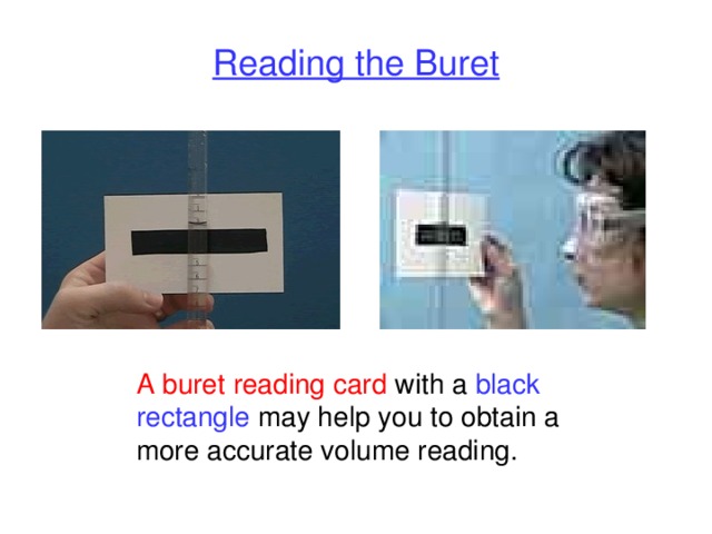 Reading the Buret A buret reading card with a black rectangle may help you to obtain a more accurate volume reading. 