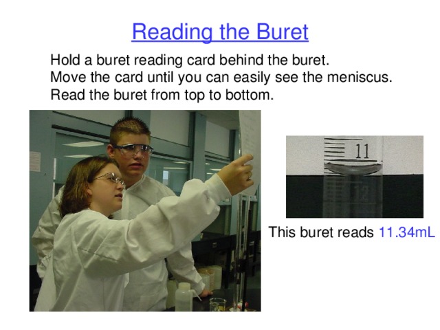 Reading the Buret Hold a buret reading card behind the buret. Move the card until you can easily see the meniscus. Read the buret from top to bottom. This buret reads 11.34mL 