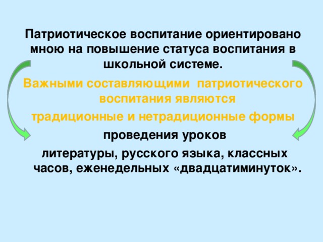 Патриотическое воспитание ориентировано мною на повышение статуса воспитания в школьной системе.   Важными составляющими патриотического воспитания являются традиционные и нетрадиционные формы  проведения уроков  литературы, русского языка, классных часов, еженедельных «двадцатиминуток». 