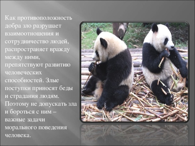 Как противоположность добра зло разрушает взаимоотношения и сотрудничество людей, распространяет вражду между ними, препятствуют развитию человеческих способностей. Злые поступки приносят беды и страдания людям. Поэтому не допускать зла и бороться с ним – важные задачи морального поведения человека. 