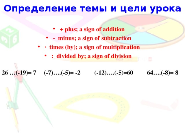 Определение темы и цели урока + plus; a sign of addition - minus; a sign of subtraction · times (by); a sign of multiplication : divided by; a sign of division   26 …(-19)= 7 (-7)….(-5)= -2 (-12)….(-5)=60 64….(-8)= 8