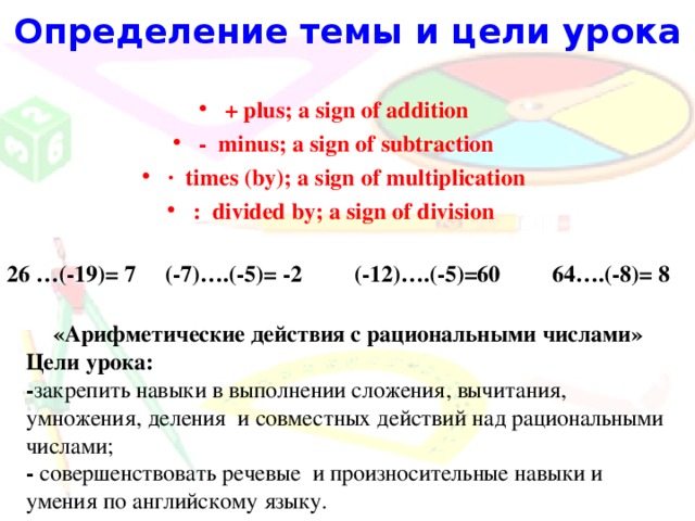 Определение темы и цели урока + plus; a sign of addition - minus; a sign of subtraction · times (by); a sign of multiplication : divided by; a sign of division   26 …(-19)= 7 (-7)….(-5)= -2 (-12)….(-5)=60 64….(-8)= 8 «Арифметические действия с рациональными числами» Цели урока: - закрепить навыки в выполнении сложения, вычитания, умножения, деления  и совместных действий над рациональными числами; - совершенствовать речевые и произносительные навыки и умения по английскому языку.