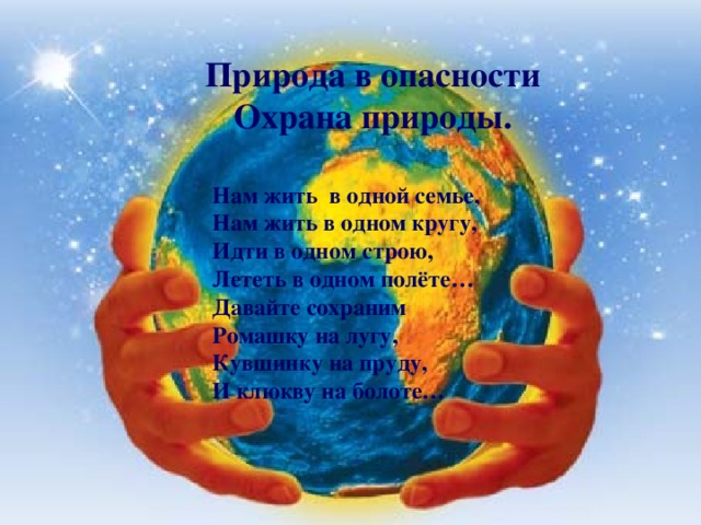 Природа в опасности Охрана природы. Нам жить в одной семье, Нам жить в одном кругу, Идти в одном строю, Лететь в одном полёте… Давайте сохраним Ромашку на лугу, Кувшинку на пруду, И клюкву на болоте… 