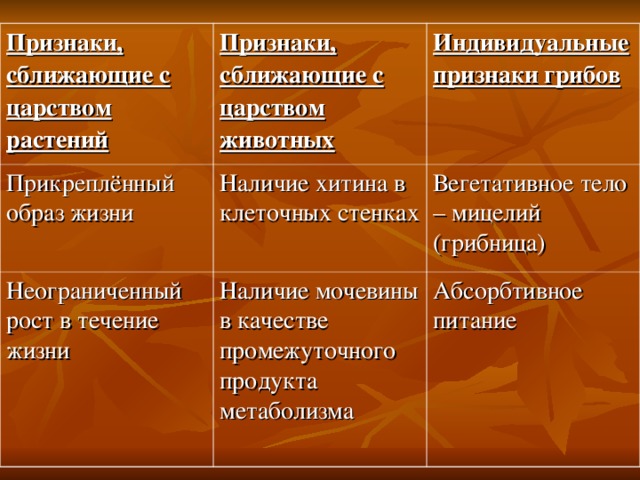 Признаки, сближающие с царством растений Признаки, сближающие с царством животных Прикреплённый образ жизни Наличие хитина в клеточных стенках Неограниченный рост в течение жизни Индивидуальные признаки грибов Наличие мочевины в качестве промежуточного продукта метаболизма Вегетативное тело – мицелий (грибница) Абсорбтивное питание 