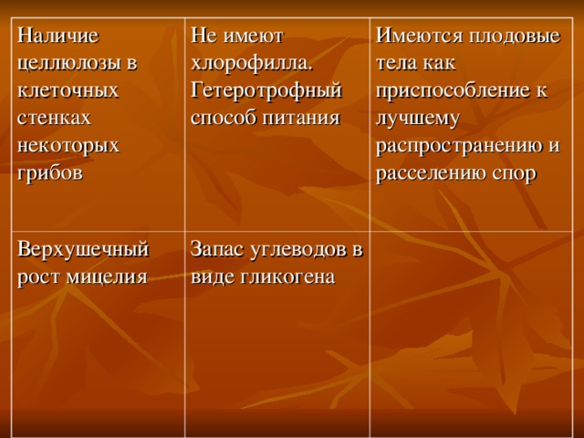 Наличие целлюлозы в клеточных стенках некоторых грибов Не имеют хлорофилла. Гетеротрофный способ питания Верхушечный рост мицелия Запас углеводов в виде гликогена Имеются плодовые тела как приспособление к лучшему распространению и расселению спор 