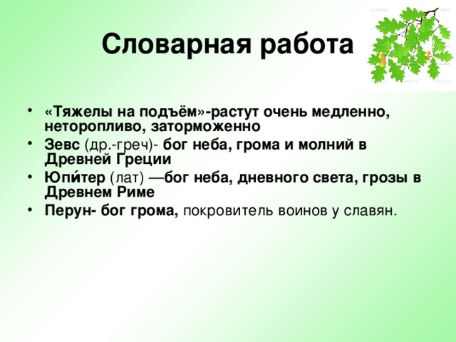 Словарная работа  «Тяжелы на подъём»-растут очень медленно, неторопливо, заторможенно Зевс  (др.-греч)- бог неба, грома и молний в Древней Греции Юпи́тер  (лат) — бог неба, дневного света, грозы в Древнем Риме Перун-   бог грома, покровитель воинов у славян.  