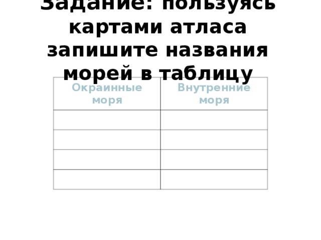 Задание: пользуясь картами атласа запишите названия морей в таблицу Окраинные моря Внутренние моря 