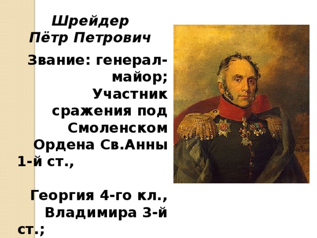 Шрейдер Пётр Петрович Звание: генерал-майор; Участник сражения под Смоленском Ордена Св.Анны 1-й ст., Георгия 4-го кл., Владимира 3-й ст.; золотая шпага «за храбрость» 