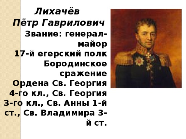 Лихачёв Пётр Гаврилович Звание: генерал-майор 17-й егерский полк Бородинское сражение Ордена Св. Георгия 4-го кл., Св. Георгия 3-го кл., Св. Анны 1-й ст., Св. Владимира 3-й ст. 