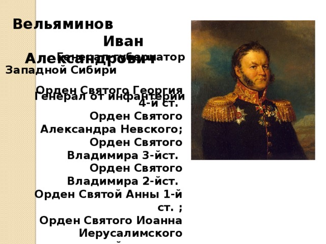 Вельяминов Иван Александрович Генерал-губернатор Западной Сибири Генерал от инфантерии   Орден Святого Георгия 4-й ст. Орден Святого Александра Невского; Орден Святого Владимира 3-йст. Орден Святого Владимира 2-йст. Орден Святой Анны 1-й ст. ; Орден Святого Иоанна Иерусалимского почетный кавалер; Золотая шпага «за храбрость» 