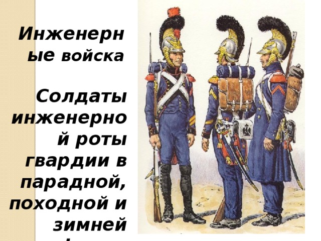 Инженерные войска Солдаты инженерной роты гвардии в парадной, походной и зимней форме 