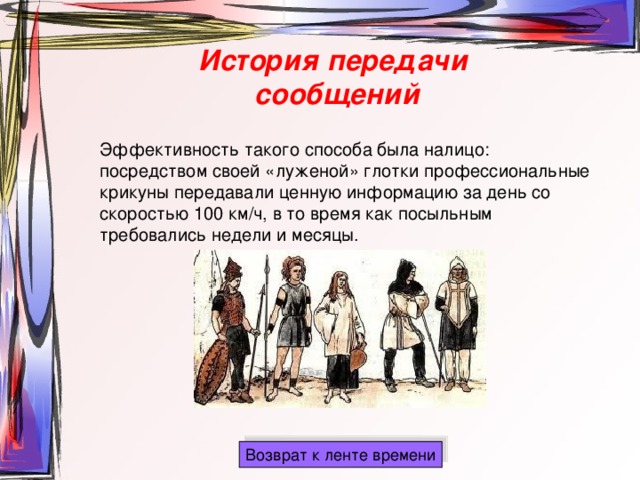 История передачи сообщений Эффективность такого способа была налицо: посредством своей «луженой» глотки профессиональные крикуны передавали ценную информацию за день со скоростью 100 км/ч, в то время как посыльным требовались недели и месяцы. 