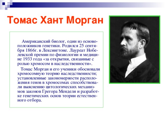 Томас Хант Морган  Американский биолог, один из осново-положников генетики. Родился 25 сентя-бря 1866г. в Лексингтоне. Лауреат Нобе-левской премии по физиологии и медици-не 1933 года «за открытия, связанные с ролью хромосом в наследственности».  Томас Морган и его ученики обосновали хромосомную теорию наследственности; установленные закономерности располо-жения генов в хромосомах способствова-ли выяснению цитологических механиз-мов законов Грегора Менделя и разработ-ке генетических основ теории естествен-ного отбора. 