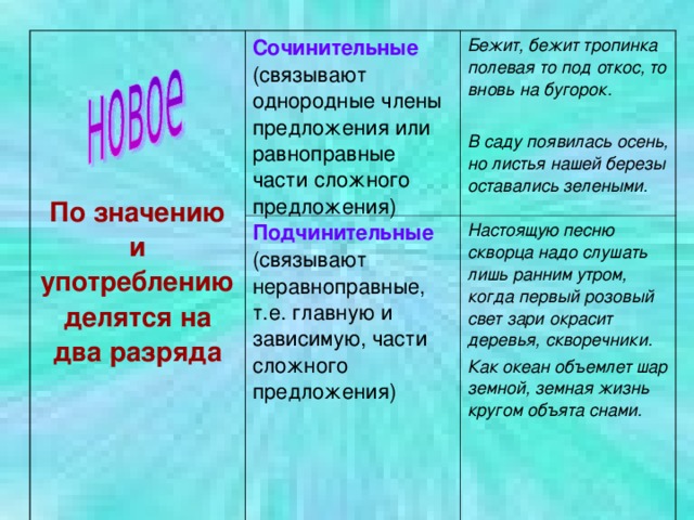 По значению и употреблению делятся на два разряда Сочинительные (связывают однородные члены предложения или равноправные части сложного предложения) Бежит, бежит тропинка полевая то под откос, то вновь на бугорок.  В саду появилась осень, но листья нашей березы оставались зелеными. Подчинительные (связывают неравноправные, т.е. главную и зависимую, части сложного предложения) Настоящую песню скворца надо слушать лишь ранним утром, когда первый розовый свет зари окрасит деревья, скворечники. Как океан объемлет шар земной, земная жизнь кругом объята снами. 