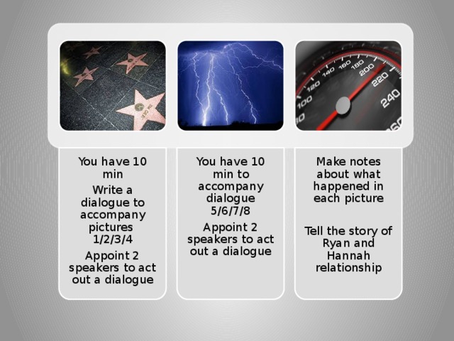 You have 10 min Write a dialogue to accompany pictures 1/2/3/4 Appoint 2 speakers to act out a dialogue You have 10 min to accompany dialogue 5/6/7/8 Appoint 2 speakers to act out a dialogue Make notes about what happened in each picture Tell the story of Ryan and Hannah relationship 