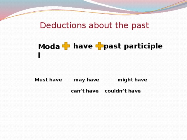 Deductions about the past   have past participle Modal Must have  may have  might have  can’t have  couldn’t have 