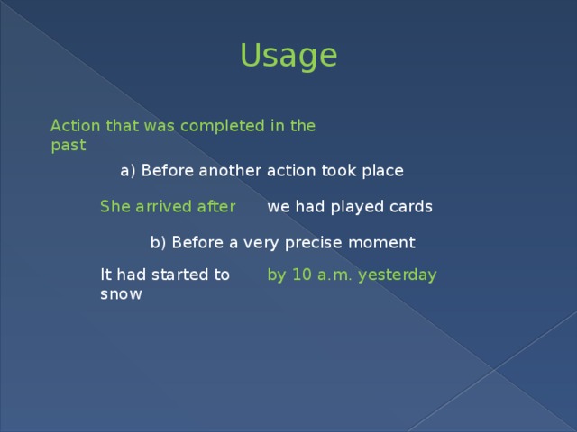 Usage Action that was completed in the past  a) Before another action took place She arrived after we had played cards b) Before a very precise moment It had started to snow by 10 a.m. yesterday 