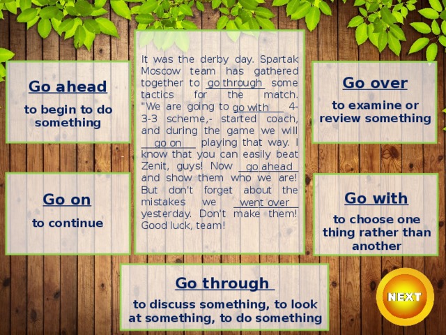 It was the derby day. Spartak Moscow team has gathered together to ____________ some tactics for the match.  