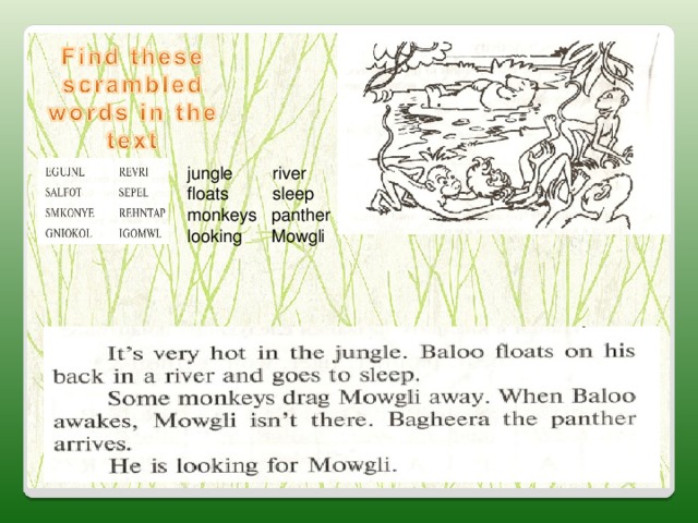 jungle river floats sleep monkeys panther looking Mowgli 