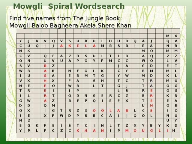 Mowgli Spiral Wordsearch  Find five names from The Jungle Book: Mowgli Baloo Bagheera Akela Shere Khan Y C J K N U V C K Q O I V Q J N V S W S V Q A F R U U K I V U A E B R V Z Z L U U A X N D A B A G T E L P S A H I M H R U N O B L G X U E E E Y D D E S L O W B O T Q B F O D I P R L M A A I T I W I X A M T Z E N Q J B K J C E D P S E J Z M M A M I C G O Y Q D O B G G X L A X A C H T F N V Q K Y N P W Y P T G W M G P F W L R O R T Z Q B E D M Z F D G C E C X L M P M Z J L J R I S V O E D S Z C S E T T M B C T R Z O T F C K L K R A X C L J L H A M B A E A N R J O U B T G L O N U E J L T C Q G H J K N Z E P S O O M L A X I Y O B U N B O Y U U G K L Y D I H 