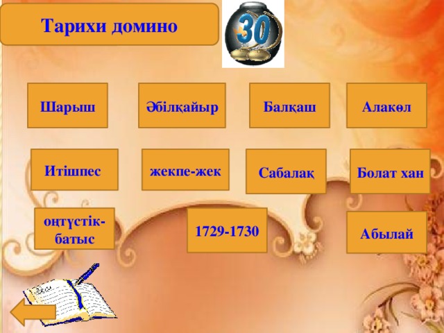 Тарихи домино Шарыш Әбілқайыр Балқаш Алакөл Сабалақ Болат хан жекпе-жек Итішпес оңтүстік-батыс 1729-1730 Абылай 