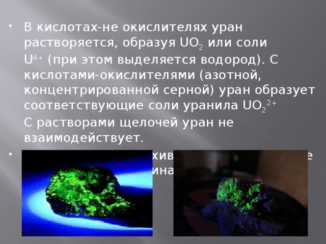 В кислотах-не окислителях уран растворяется, образуя UO 2  или соли U 4+  (при этом выделяется водород). С кислотами-окислителями (азотной, концентрированной серной) уран образует соответствующие соли уранила UO 2 2+  С растворами щелочей уран не взаимодействует. При сильном встряхивании металлические частицы урана начинают светиться. 