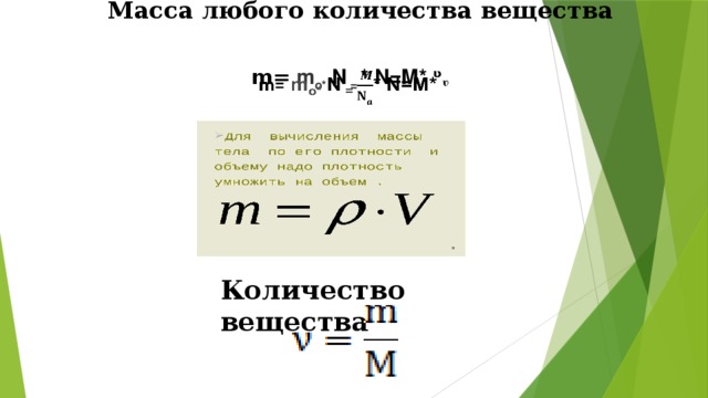 Масса любого количества вещества m= m o* N = * N=M* ᶹ   Количество вещества 