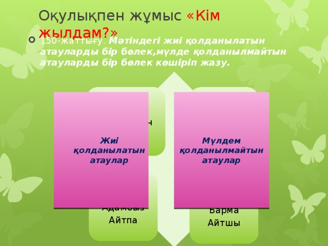 Оқулықпен жұмыс «Кім жылдам?» 150-жаттығу. Мәтіндегі жиі қолданылатын атауларды бір бөлек,мүлде қолданылмайтын атауларды бір бөлек көшіріп жазу. 1-топ 2-топ Сызба Баласың Оқушымын Айтайын Мұздай Көрейік Жиі қолданылатын атаулар Мүлдем қолданылмайтын атаулар 3-топ Оқтай Адамбыз Айтпа 4-топ Тастай Барма Айтшы 