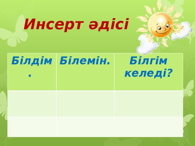 Инсерт әдісі Білдім.  Білемін.  Білгім келеді? 