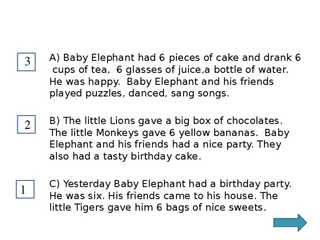 A) Baby Elephant had 6 pieces of cake and drank 6 cups of tea, 6 glasses of juice,a bottle of water. He was happy. Baby Elephant and his friends played puzzles, danced, sang songs. B) The little Lions gave a big box of chocolates. The little Monkeys gave 6 yellow bananas. Baby Elephant and his friends had a nice party. They also had a tasty birthday cake. C) Yesterday Baby Elephant had a birthday party. He was six. His friends came to his house. The little Tigers gave him 6 bags of nice sweets. 3 2 1 