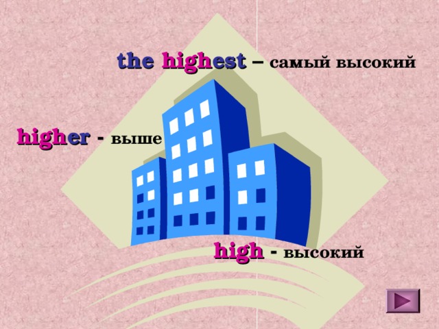 the high est  – самый высокий high er  - выше high  - высокий 