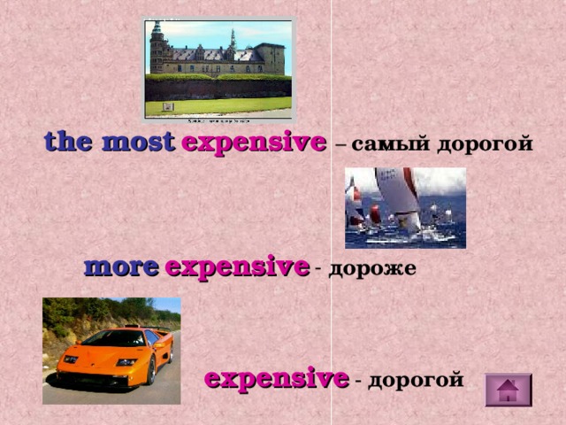 the most  expensive – самый дорогой more  expensive  - дороже expensive  - дорогой 