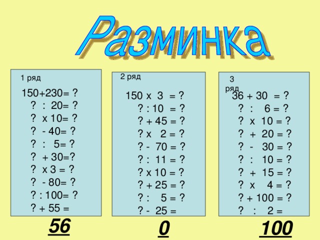 2 ряд  1 ряд 3 ряд 150+230 = ?  ? : 20= ?  ? х 10= ?  ? - 40= ?  ? : 5= ?  ? + 30=?  ? х 3 = ?  ? - 80= ?  ? : 100= ?  ? + 55 = 150 х 3 = ?  ? : 10 = ?  ? + 45 = ?  ? х 2 = ?  ? - 70 = ?  ? : 11 = ?  ? х 10 = ?  ? + 25 = ?  ? : 5 = ?  ? - 25 = 36 + 30 = ?  ? : 6 = ?  ? х 10 = ?  ? + 20 = ?  ? - 30 = ?  ? : 10 = ?  ? + 15 = ?  ? х 4 = ?  ? + 100 = ?  ? : 2 = 56 0 100 